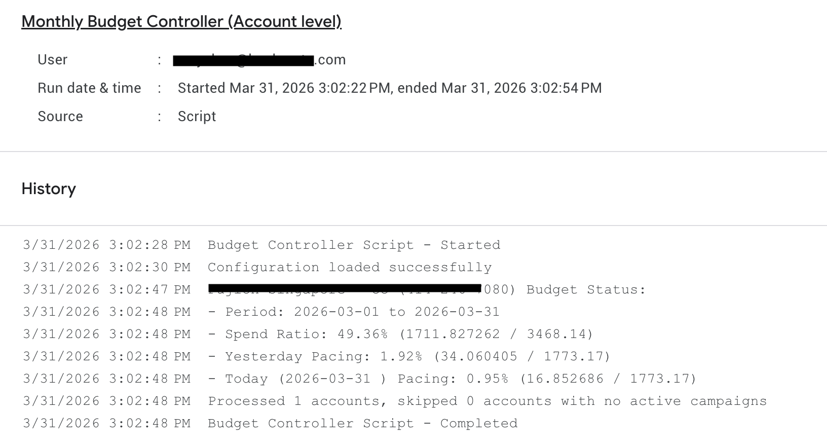 Budget Controller execution log showing spend ratio, pacing calculations