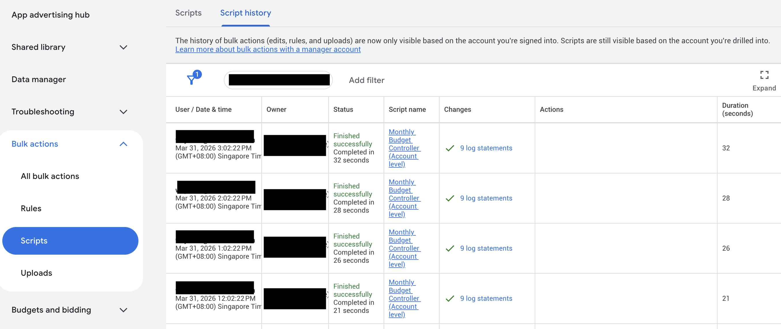 Google Ads Script execution history showing successful automated runs