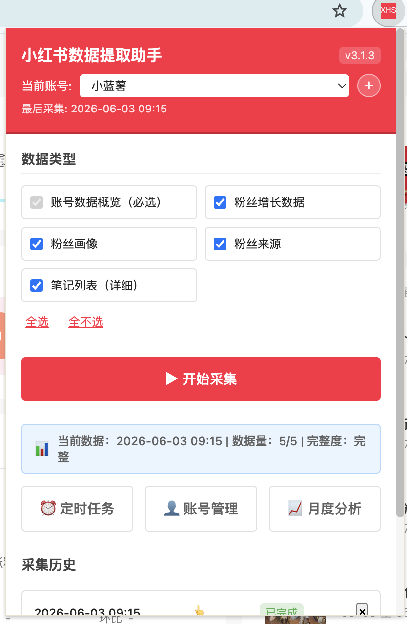 XHS Data Extractor Chrome Extension popup UI showing data collection interface